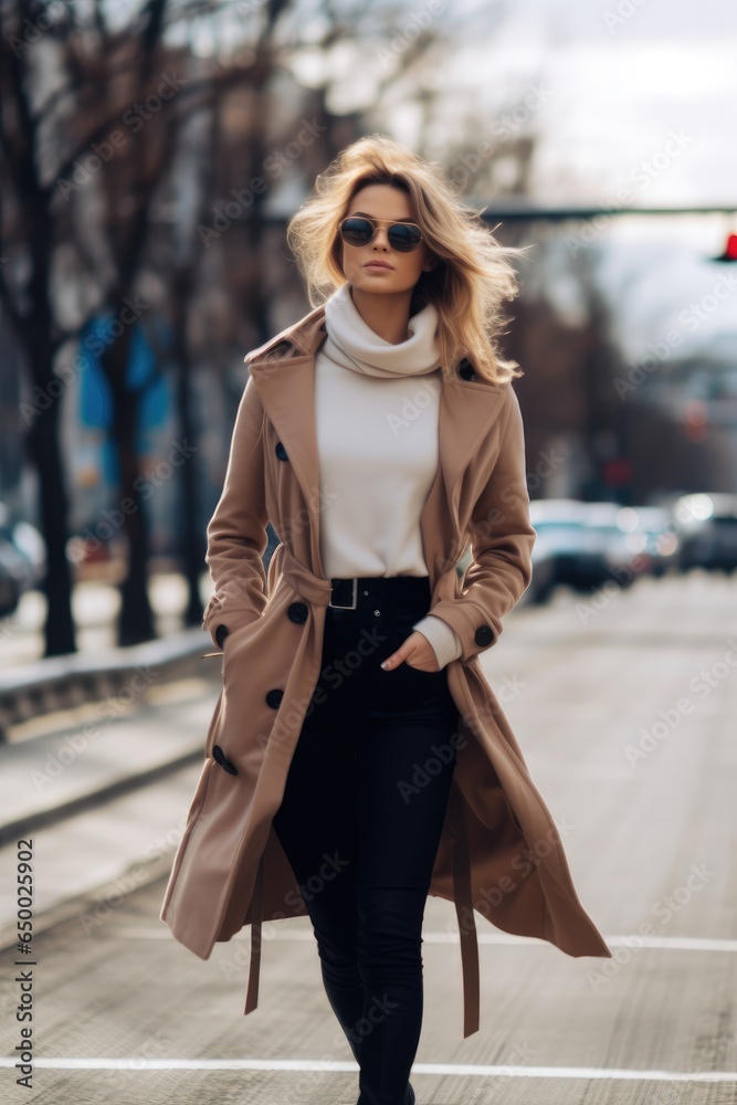 A young beautiful woman in a beige coat crosses the road on the city street.