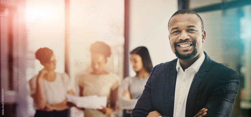 Business man, smile and portrait with leadership, working and work confidence in a office. African male professional, manager and happy worker in a corporate workplace with arms crossed and staff