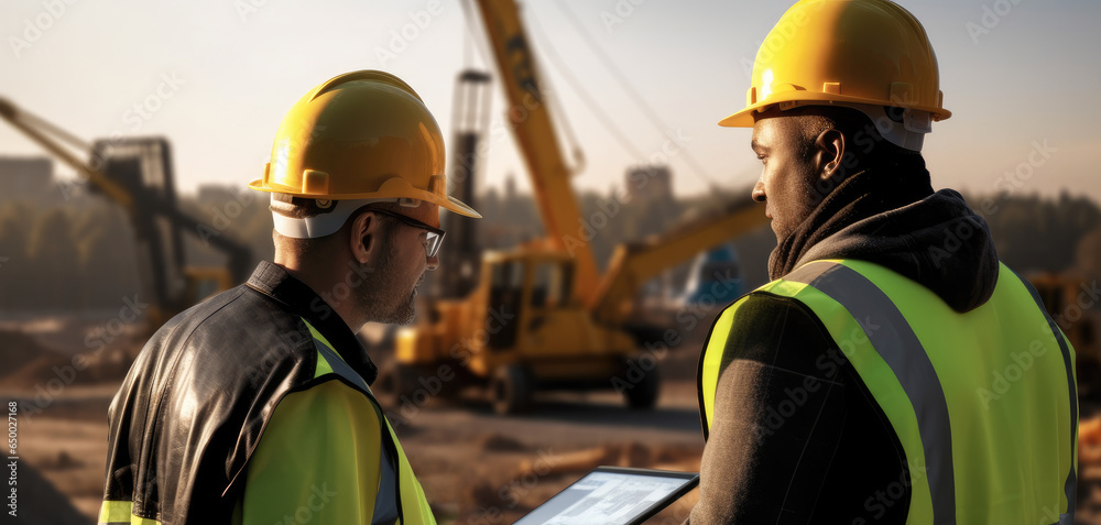 A building contractor using a digital tablet while working on a construction site.