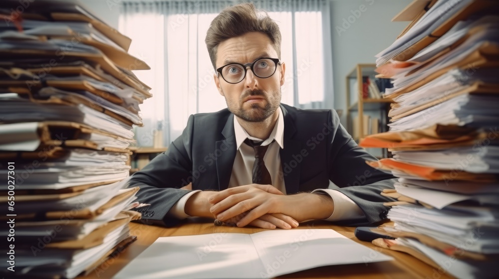 Tired accountant making calculations analyzing data, Business man in suit and glasses working at the desk on his workplace at office with pile of folders and stack of papers.