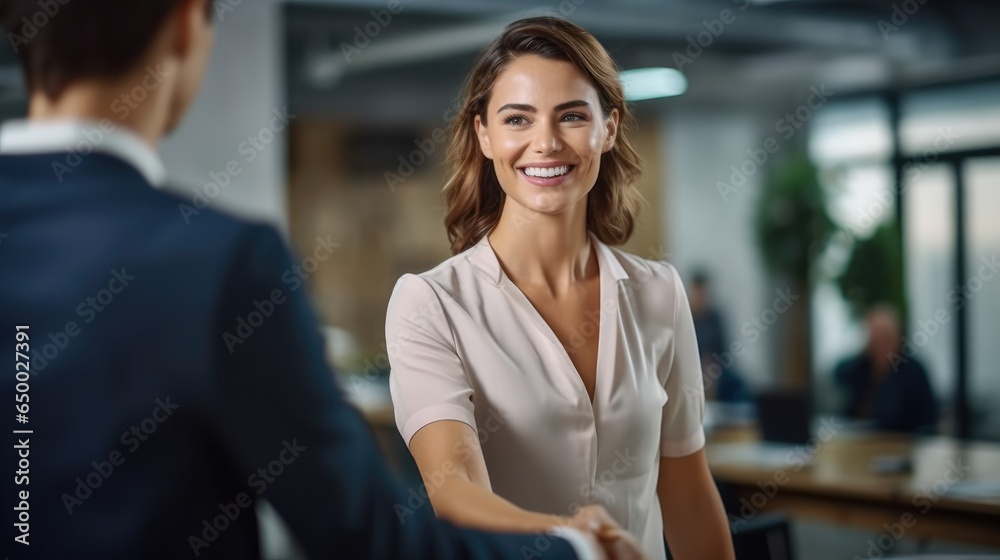 Happy female executive shaking hand with partner after making successful deal at meeting table.