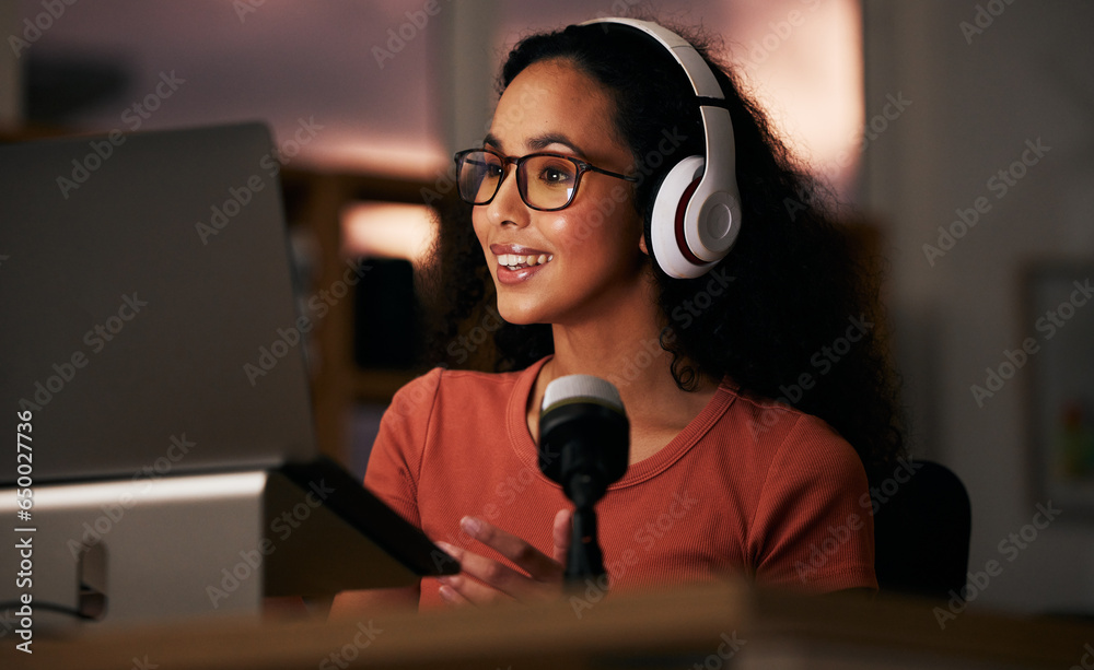 Woman, headphones and laptop with radio DJ or podcast, public relations journalist and live broadcast at night. Mic, talk show and communication for social media streamer and content creation