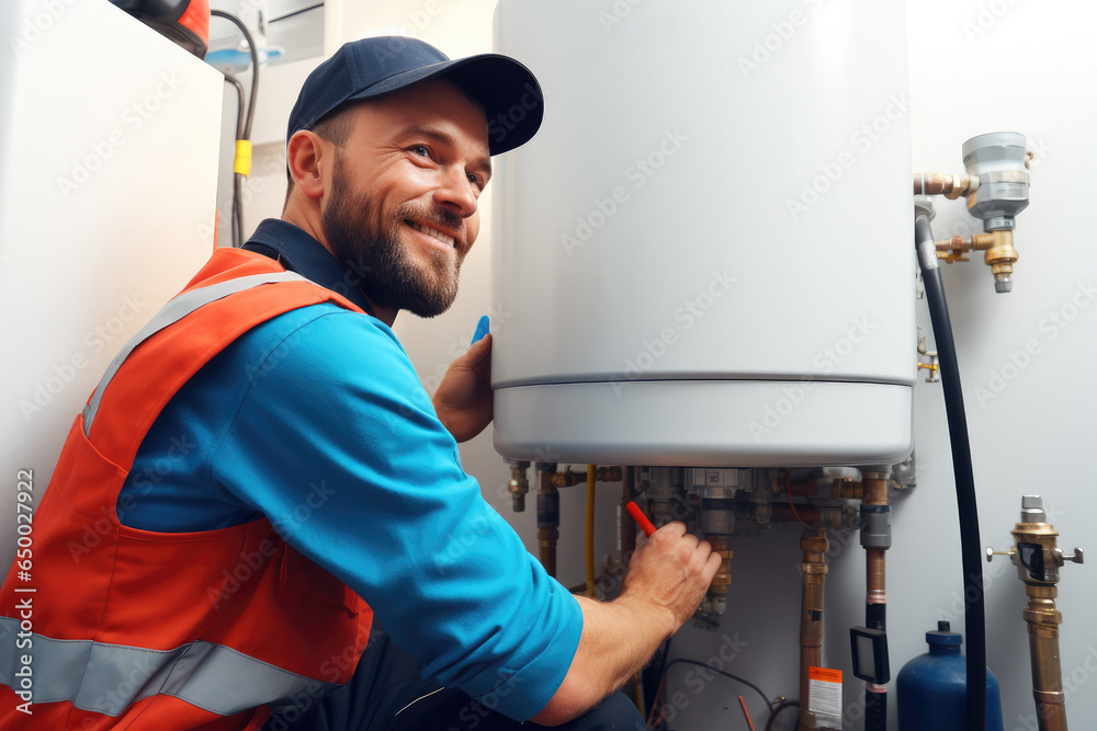 Plumber installing water heater at new home.