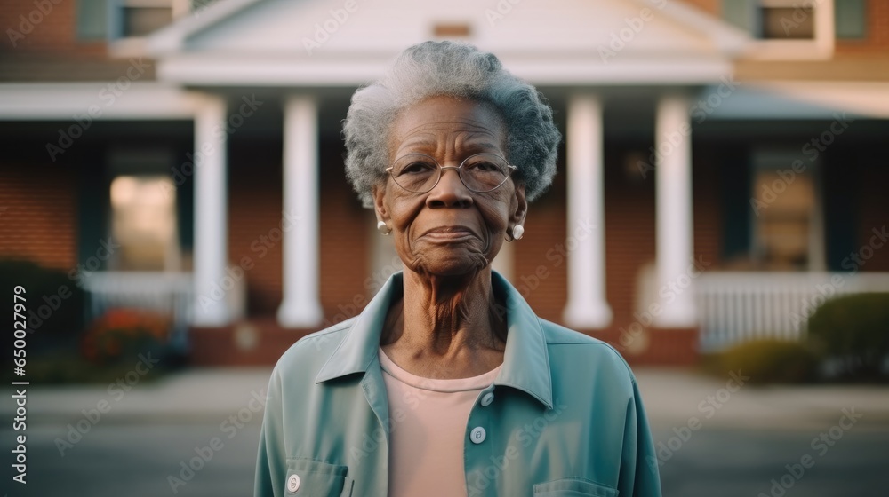 Senior African American woman standing outside at nursing home.