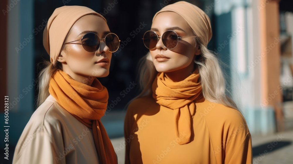 Portrait of young stylish women in shawls and sunglasses stands on the street on a sunny day.