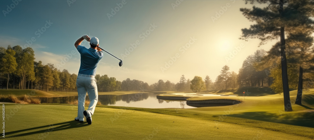 Golfer hitting golf shot with club on course.