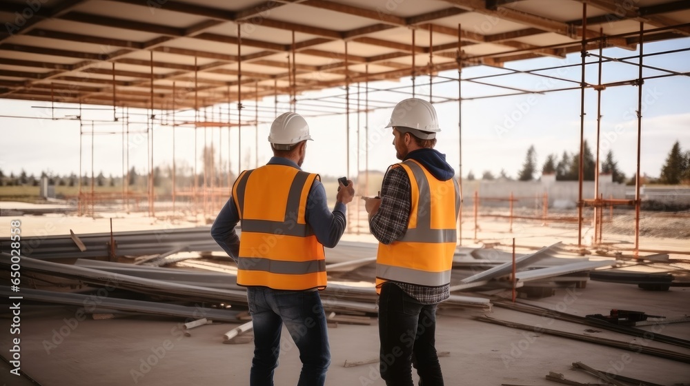 Architects and engineers examining building site.