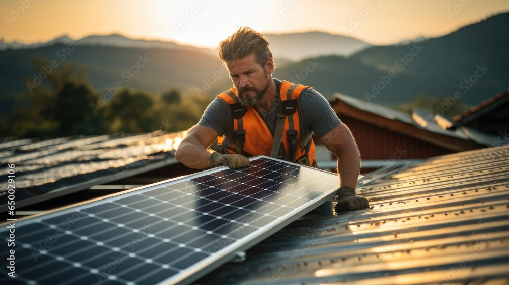 Technician fitting solar panels to a house roof.