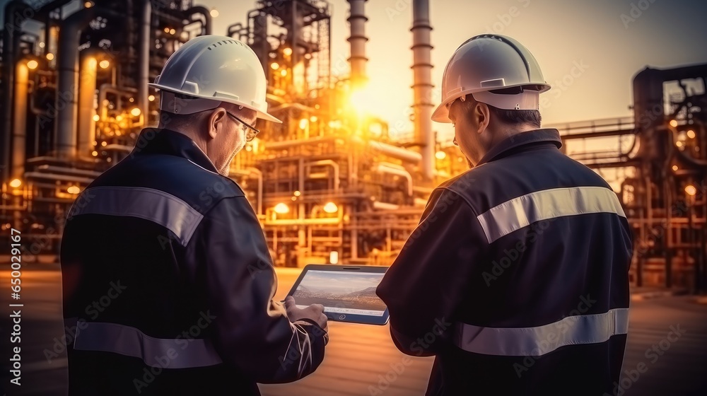 Two workers using a tablet remote inspection and performance testing at oil refinery, Oil production concept, Gas production.