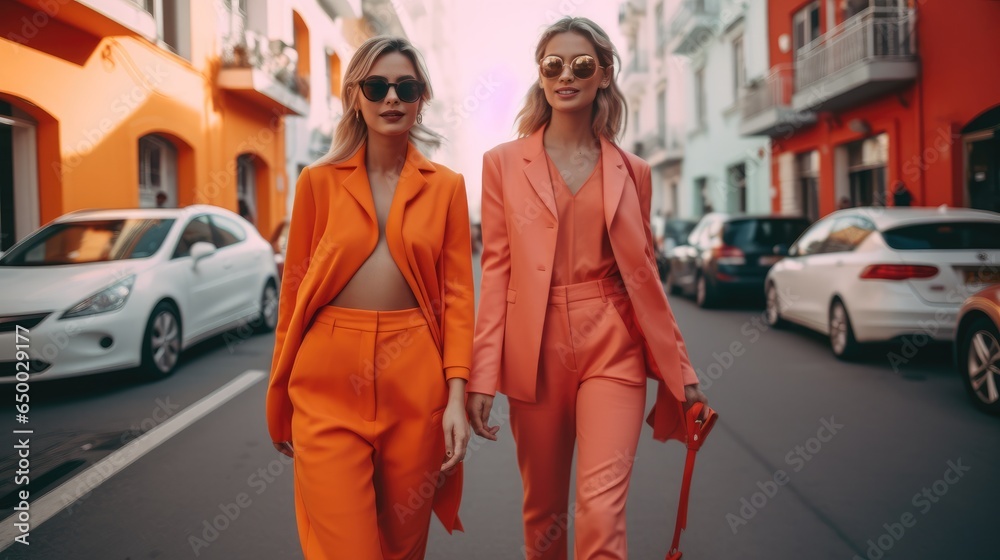 Two women with colorful outfit are walking in the city street.