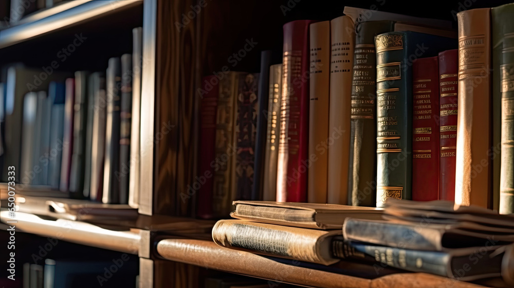 Books in Bookshelf, in public library. Generative Ai