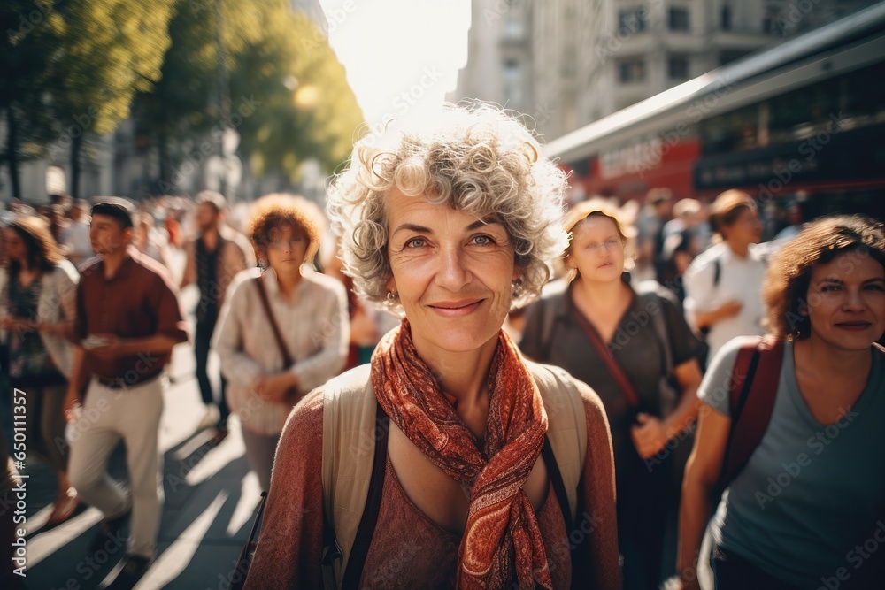 Attractive older woman enjoying a happy day outdoors while walking among people in the city.