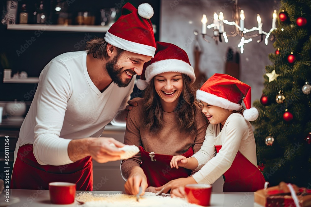 A touching Christmas scene: a joyful family wearing Santa hats gathered in the kitchen to prepare a festive dinner.