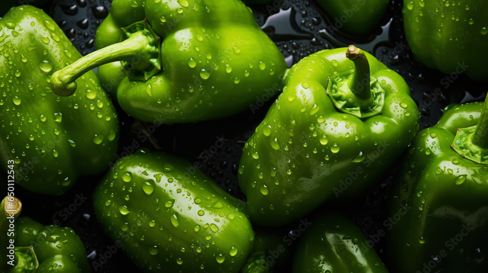 Fresh green bell peppers with water drops background. Vegetables backdrop. Generative AI