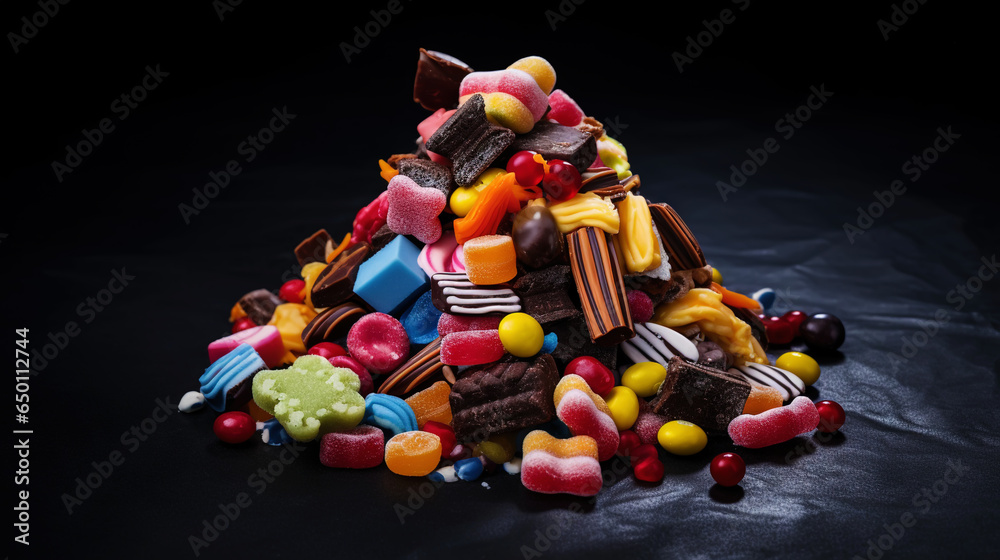 Top view on delicious multicolored candies on black rustic background. Generative AI