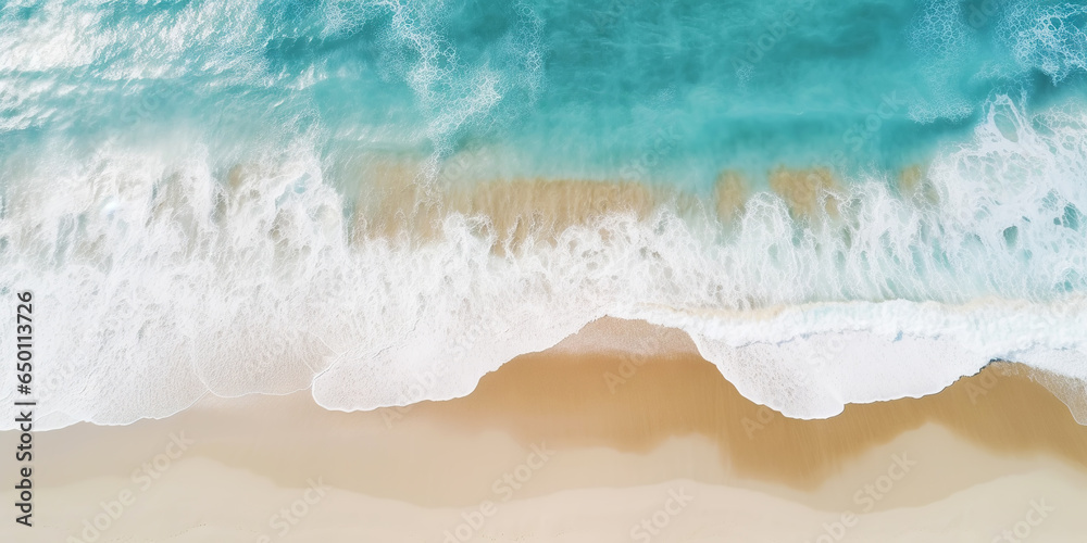 Top view oncoast with ocean waves. Blue water background. Summer seascape from air. Generative AI