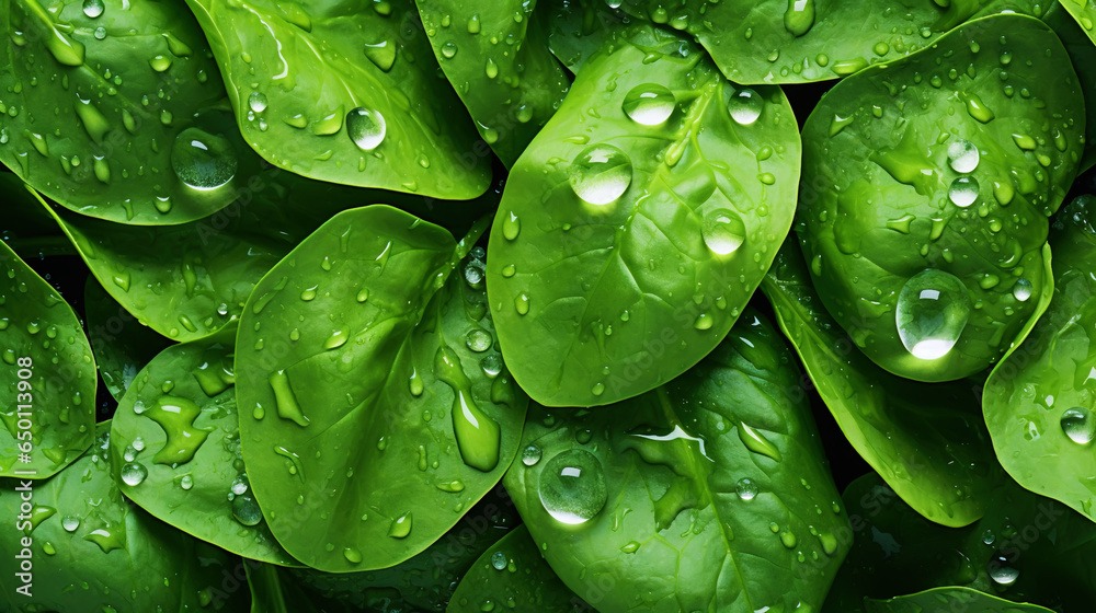 Fresh green spinach leaves with water drops background. Vegetables backdrop. Generative AI