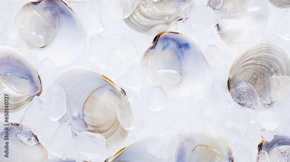 Top view on fresh clams in ice cubes. Sea food background. Generative AI