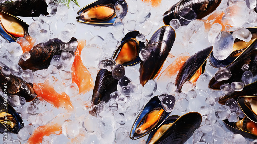 Raw Mussels on ice in the restaurant . Fresh seafood shellfish background. Generative AI