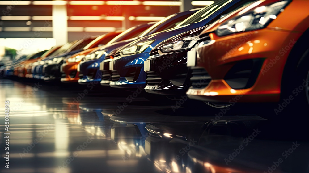 Automotive Industry, Cars Dealership Parking Lot. Rows of Brand New Vehicles Awaiting New Owners, on the epoxy floor in new car service. . Generative Ai