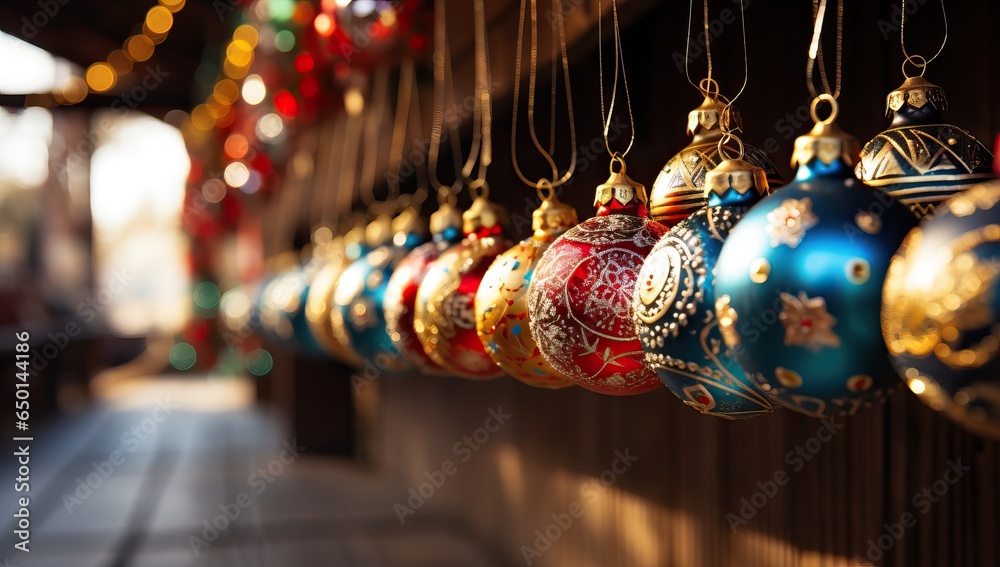 Colorful christmas ornaments on the Christmas market