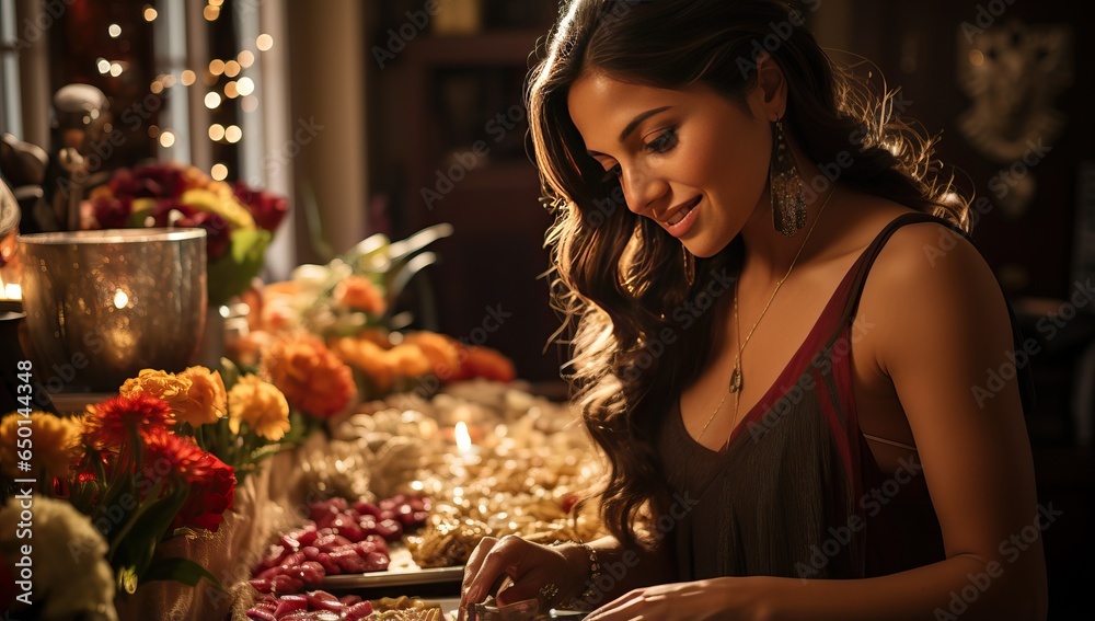 Beautiful young woman florist making bouquet in flower shop