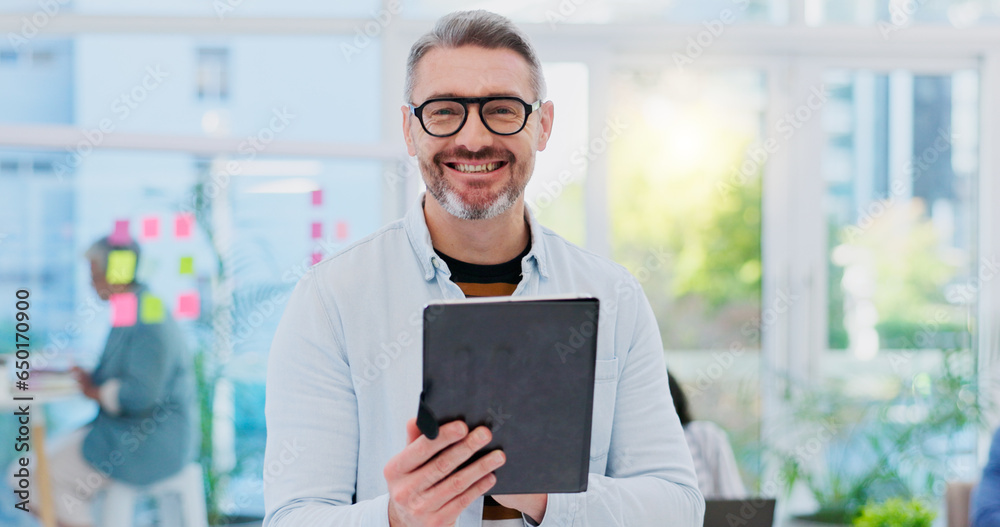 Tablet, business man and face with startup web design and internet search for digital planning. Male person, online page designer and smile with success and leadership management with technology