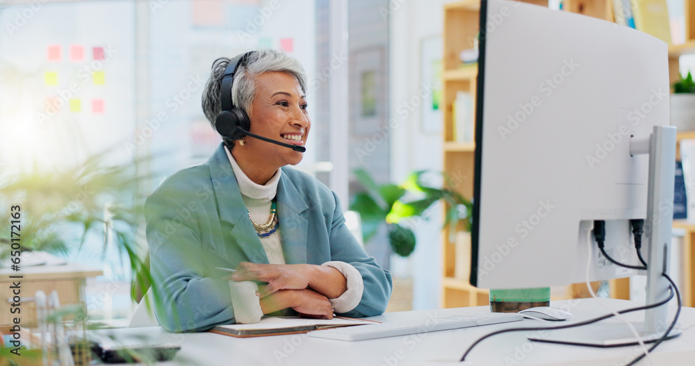 Consultant, senior woman and talking with technology at office for customer service at help desk call center. Sales, telemarketing and mature employee with headphones at work for crm with technical s