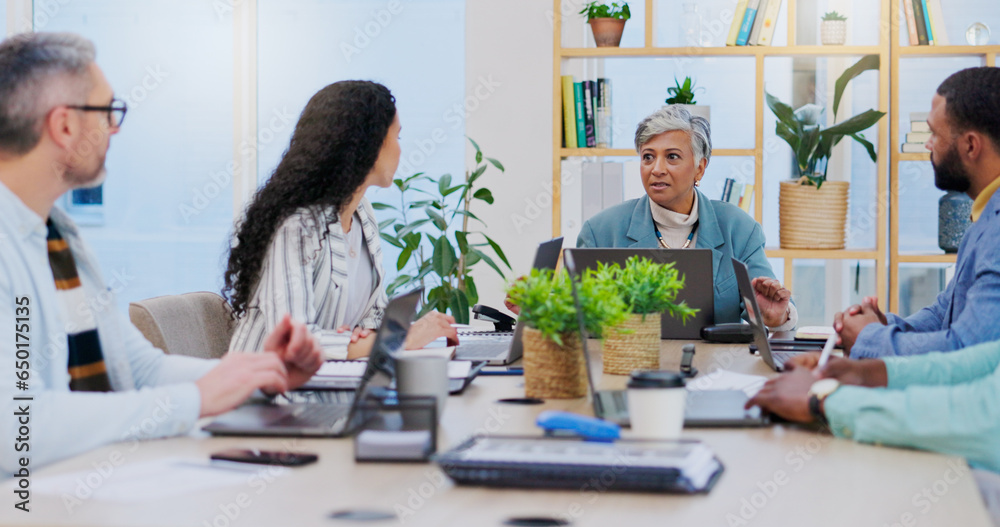 Meeting, planning and business people in discussion with ideas for project, marketing strategy and startup. Teamwork, collaboration and men and women in office for task, proposal and brainstorming