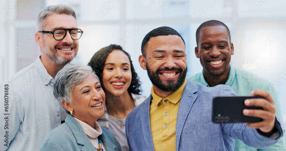 Creative people, happy team and selfie in meeting for photo, memory or online vlog at the office. Group of business employees smile in teamwork for fun picture, social media or startup at the workpla