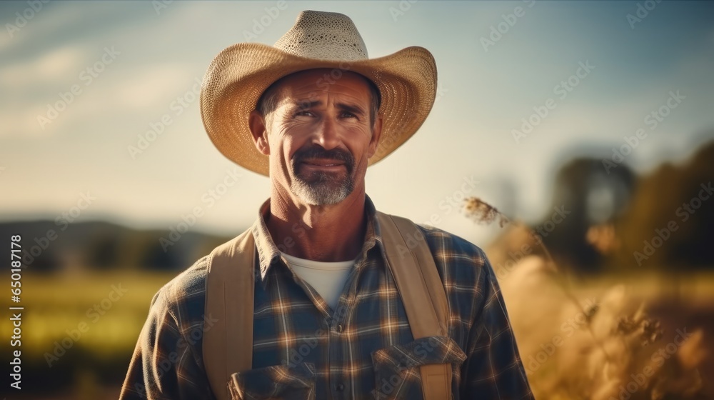 Portrait of American farmer man standing on agricultural area.