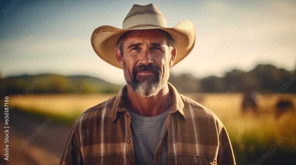 Portrait of American farmer man standing on agricultural area.