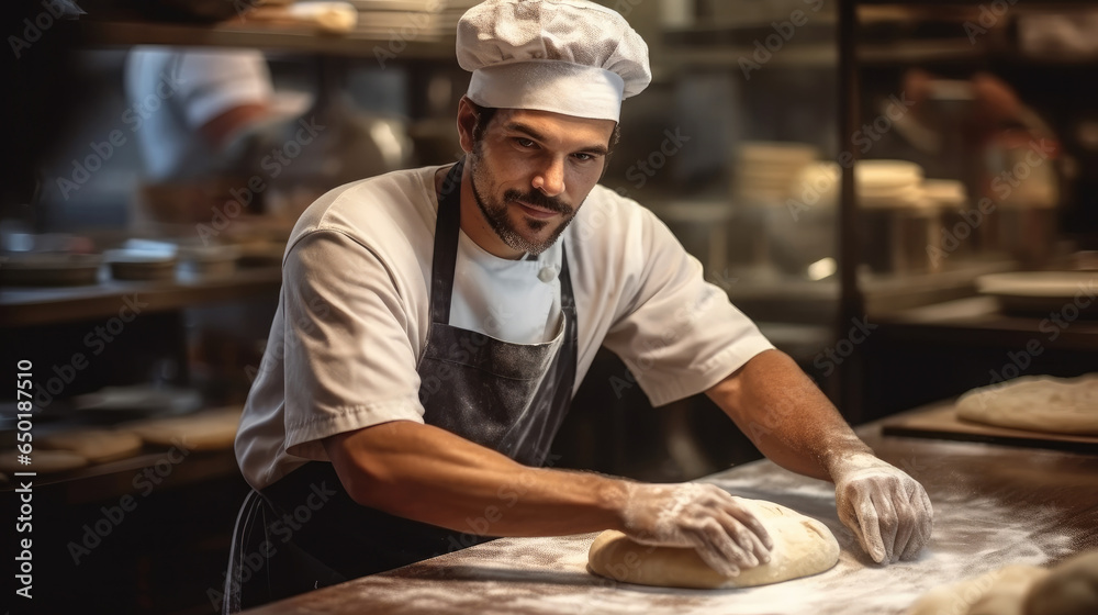 Baker are kneading dough and baking bread in a kitchen at bakery restaurant.