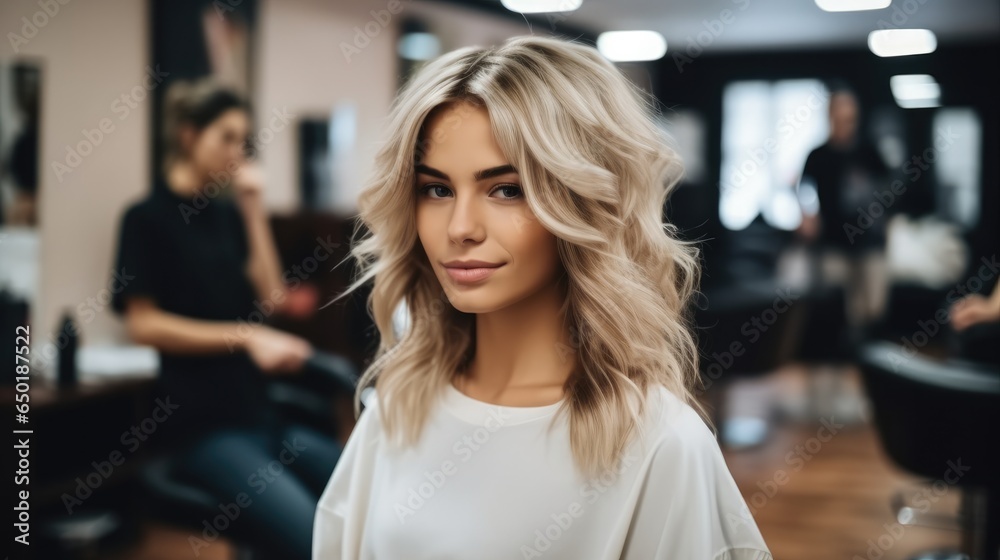 Womens hair salon, Beautiful woman in the hairdresser salon gets a new haircut.