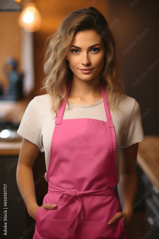 Beautiful woman wear pink apron in the kitchen.