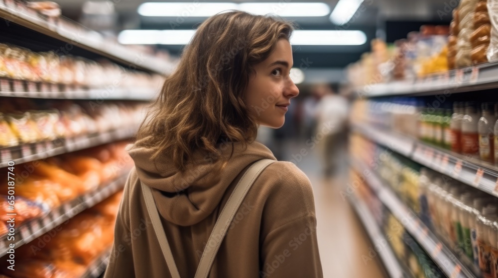 Young women are shopping in supermarket, Buying groceries and food products.