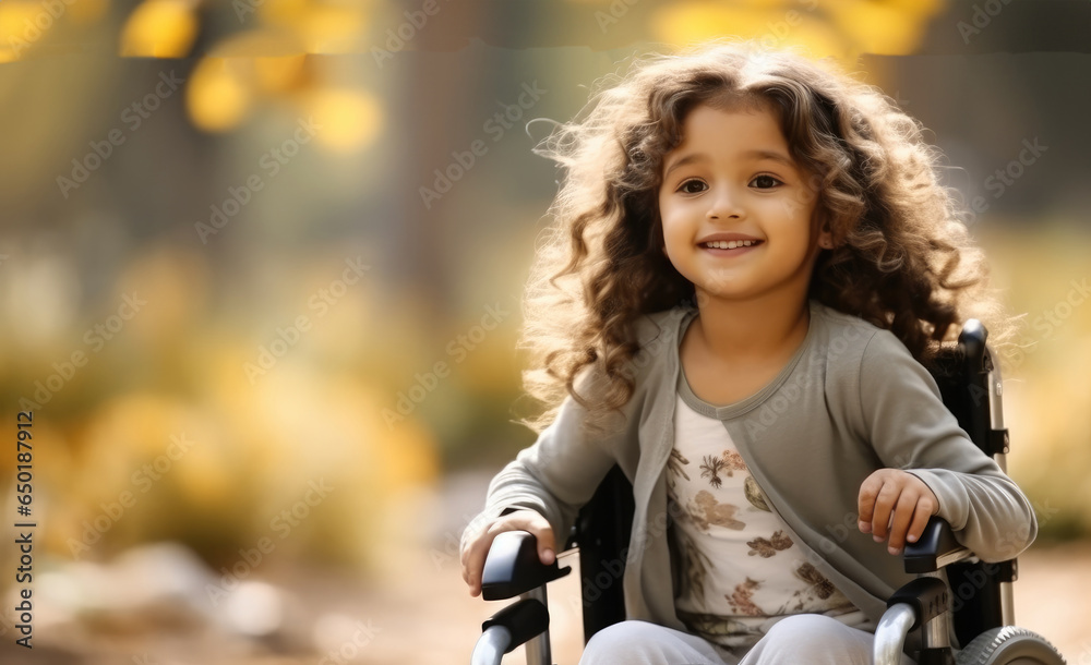 Little kid girl sitting in a wheelchair in a park, Child cant walk after a back spine injury.