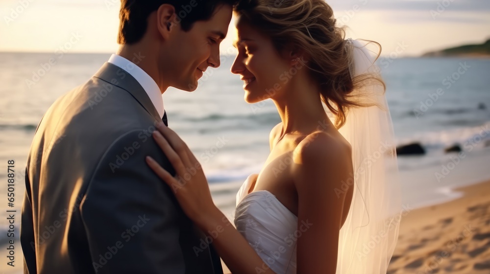 Happy bride and groom wearing suit and wedding dress at the sea on the beach, Wedding at the sea.