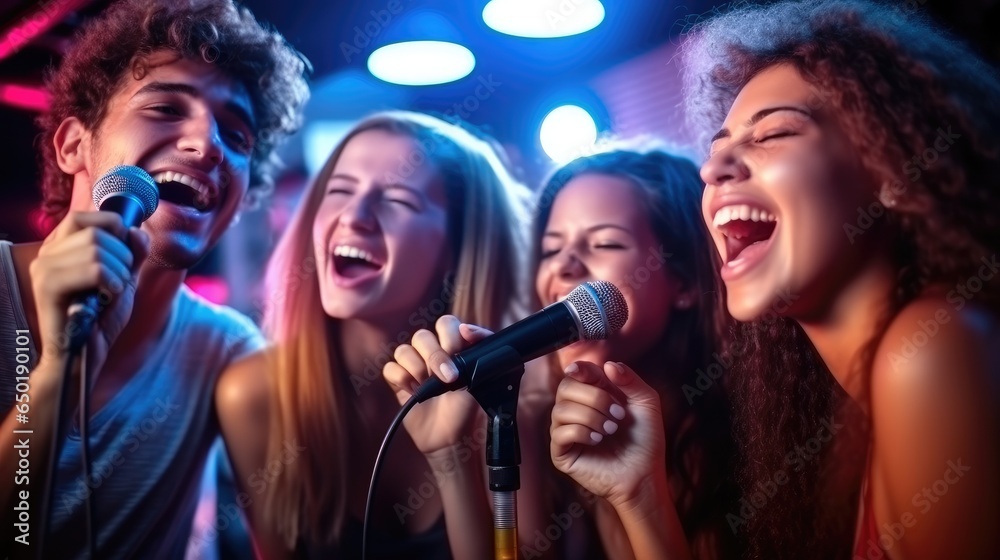 Group of friends singing at a karaoke party in a night club, Having fun together.