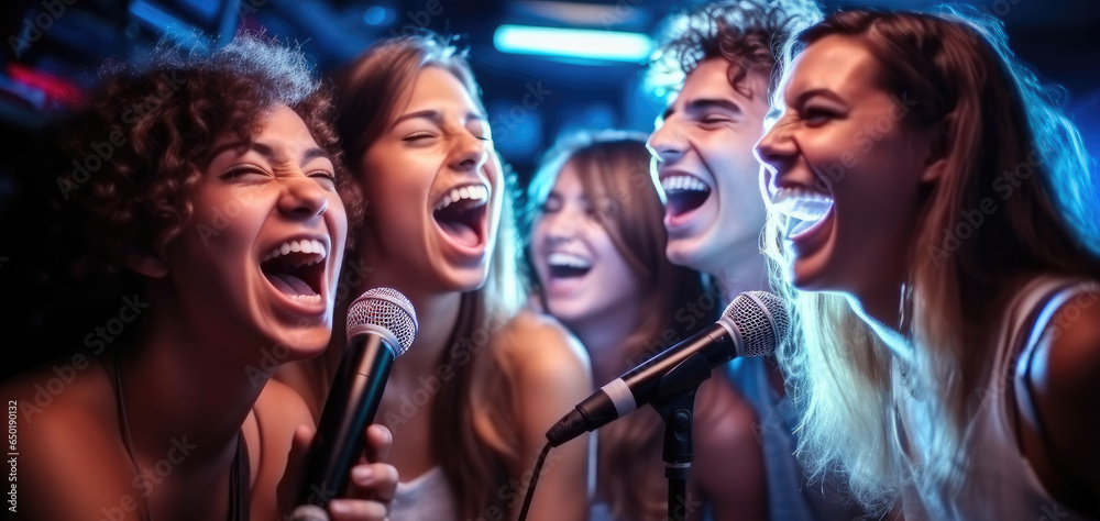 Group of friends singing at a karaoke party in a night club, Having fun together.