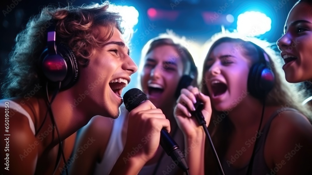 Group of friends singing at a karaoke party in a night club, Having fun together.