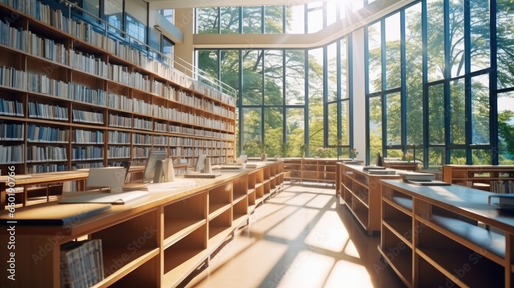 Public book library with a lot of books on the shelf and desk tables, Modern design with glass windows.