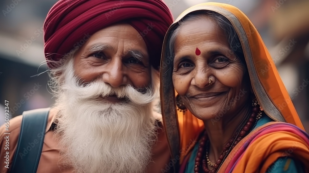 Senior Indian couple in colorful traditional clothes and headwear.