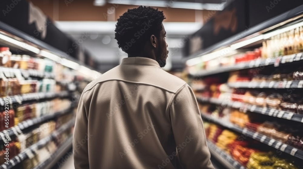 Young black man are shopping in supermarket, Buying groceries and food products.