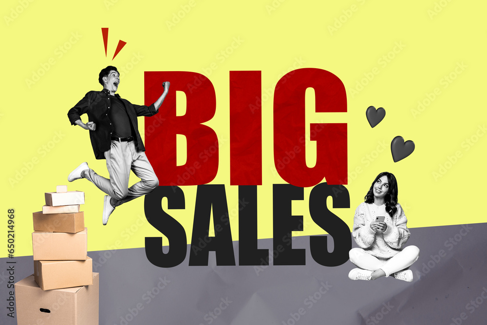 Poster billboard collage of two happy people order goods low price super hot autumn sale isolated on creative background