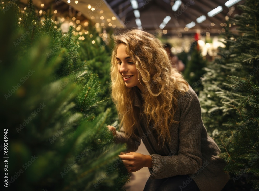 Beautiful woman smelling christmas tree at holiday shop