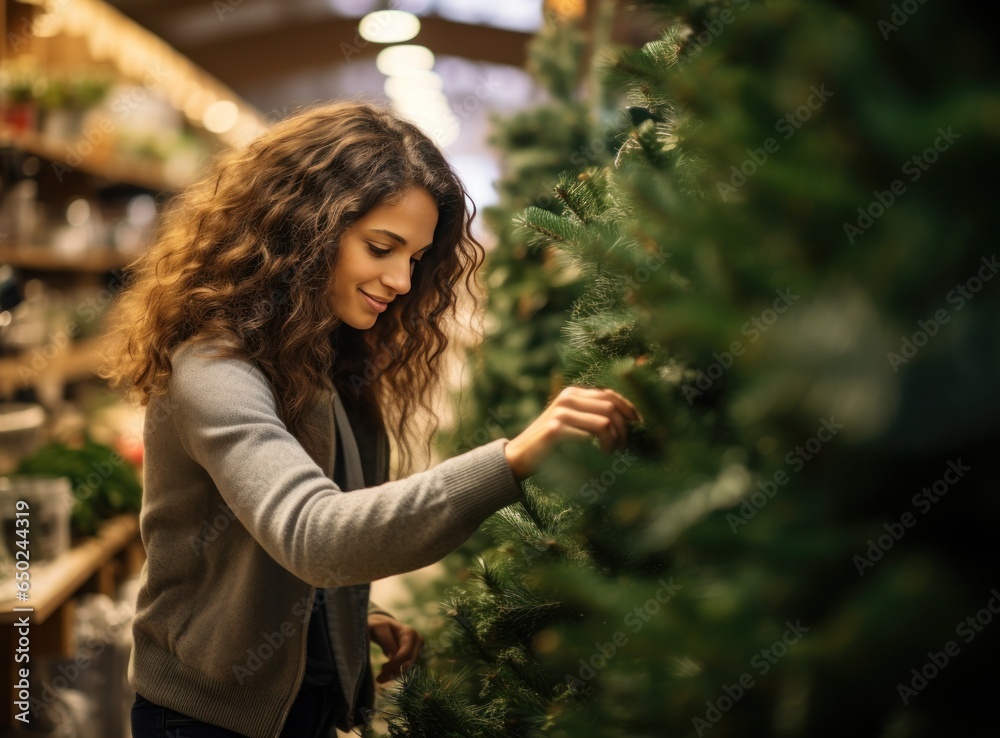 Beautiful woman smelling christmas tree at holiday shop