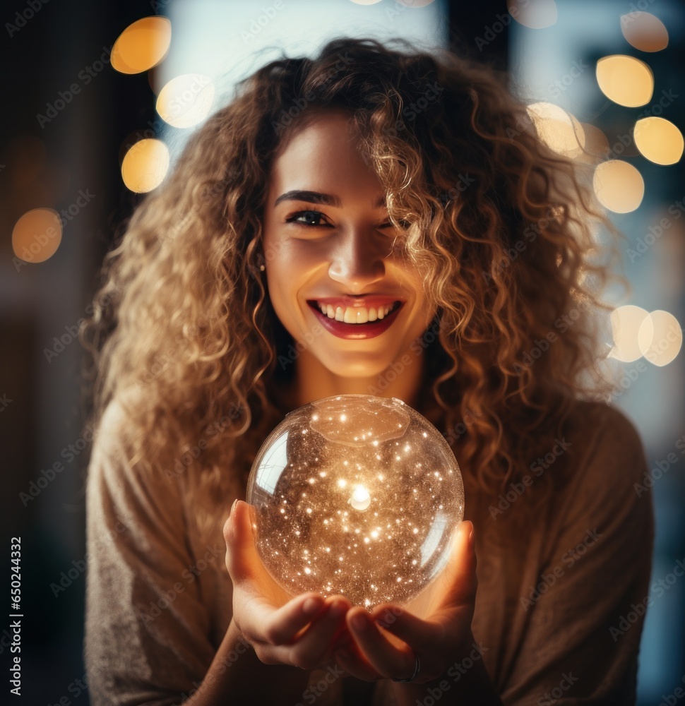 Happy woman holding a sparkling christmas ball in her hands