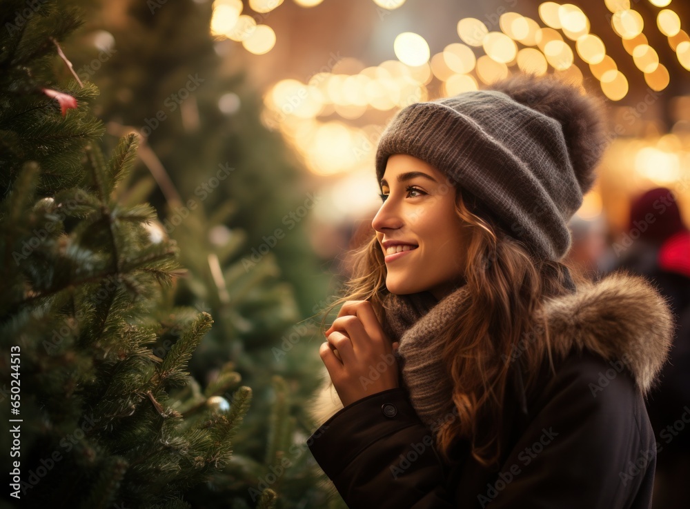 Beautiful woman smelling christmas tree at holiday shop