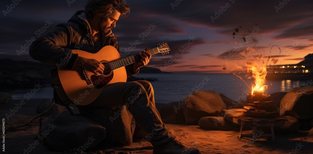 A man is playing guitar with people around a firepit at sunset